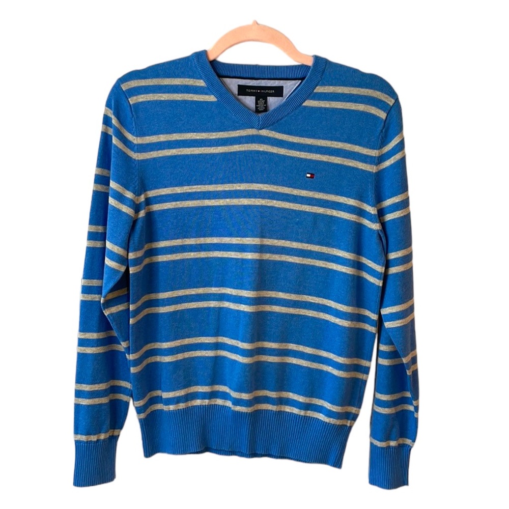 Tommy Hilfiger Sweater Vneck Cotton XS Blue Stripe White